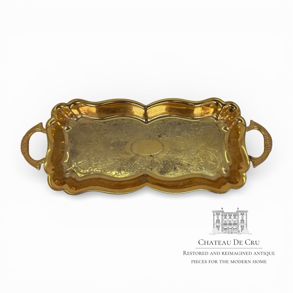 Gold tone footed tray with handles Crosby‎ silverplate 14" Trinket Or Display
